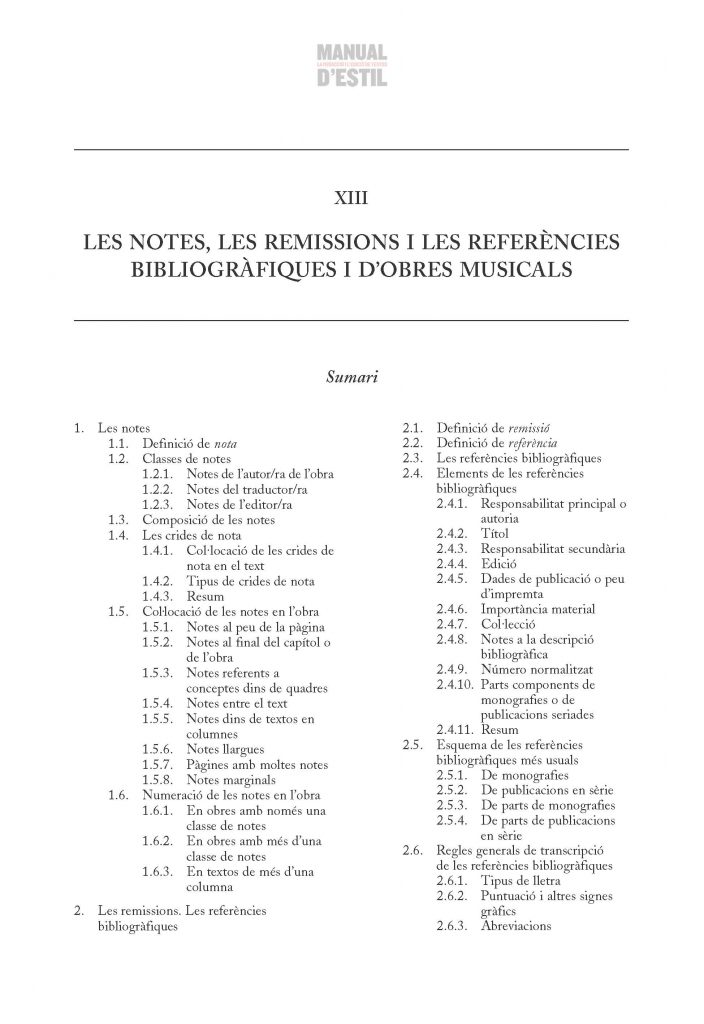 XIII. Les notes, les remissions i les referències bibliogràfiques i d'obres musicals